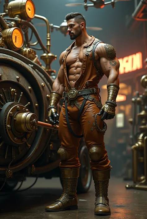 In a futuristic steampunk garage filled with massive, brass-plated machines and floating drones, a tall, muscular young man stands over a large, steam-powered engine. His tight, partially unbuttoned mechanic’s jumpsuit hangs loosely around his waist, revea...