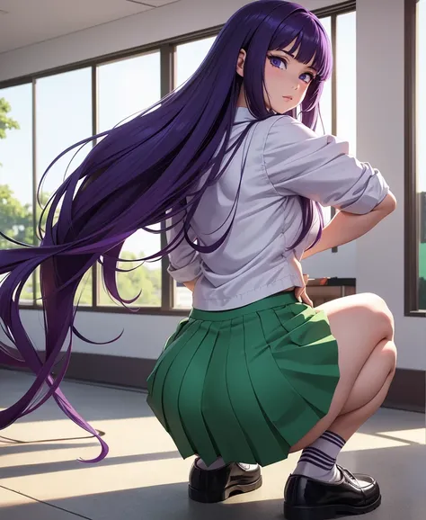  anime girl with purple hair and green skirt is showing off her ass and vagina, crouched, illuminated from behind, a hyperrealistic student, hyperrealistic student, realistic student,  inspired by Munakata Shikō , hinata hyuga, Dominant pose, something dub...