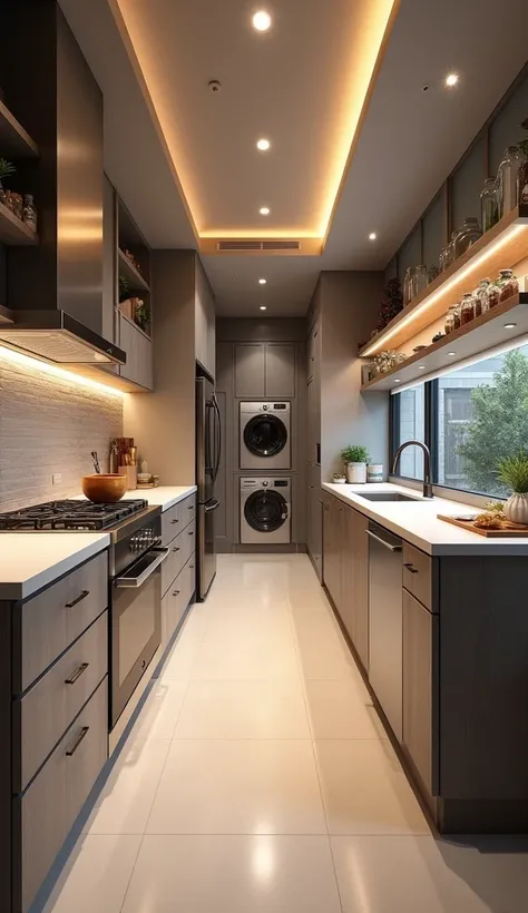 Linear kitchen starting with the fridge, Next to the kitchen, above the kitchen a shelf with lights, after the kitchen all this on the left side, On the right side a tavern (bar or breakfast nook) Then on that same side comes the dishwasher and then the la...