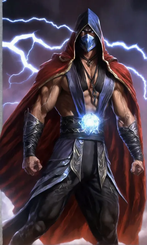 (a muscular man in a cloak with lightning crackling around him, dramatic low angle view, detailed face with piercing eyes, Mortal Kombat Lord Raiden, arena with dramatic lighting, photorealistic, concept art, ultra-detailed, 4k)
