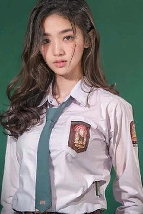 a high school student wearing a white long-sleeved shirt with the osis logo on the pocket and a class badge on the sleeve. getti...