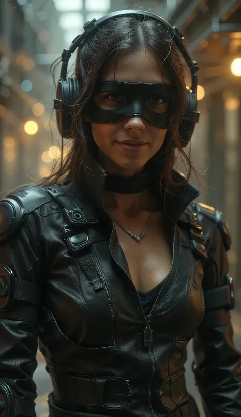 seductive, sexy, beautiful woman, beautiful, thin, dressed in a well-equipped black combat suit, (black silk blindfold mask with eyeholes:1.3), sexy hair, sexy smile, sexy eyes, ultra realistic, extremely realistic, photorealistic, photo-realistic:1.37, (b...