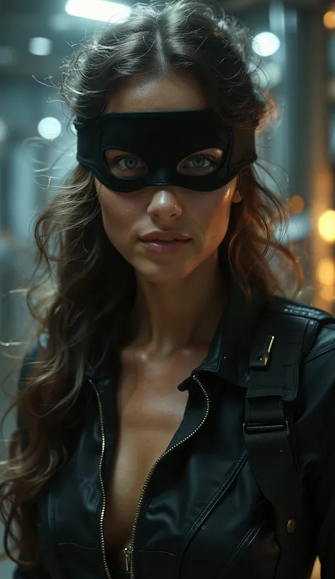 seductive, sexy, beautiful woman, beautiful, thin, dressed in a well-equipped black combat suit, (black silk blindfold mask with eyeholes:1.3), sexy hair, sexy smile, sexy eyes, ultra realistic, extremely realistic, photorealistic, photo-realistic:1.37, (b...