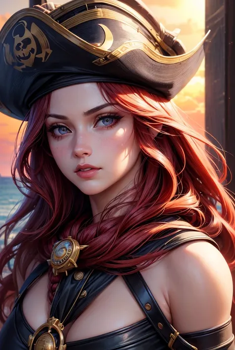 A beautiful detailed face, beautiful detailed eyes, beautiful detailed lips, 1girl, pirate girl, red hair, red and black pirate clothes, pirate hat, treasure island, ocean waves, sunset sky, dramatic lighting, cinematic, epic, fantasy, highly detailed, int...