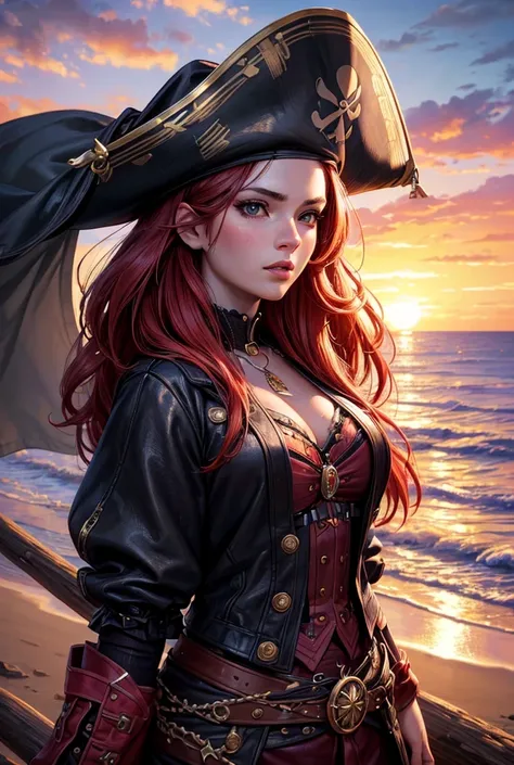 a beautiful detailed face, beautiful detailed eyes, beautiful detailed lips, 1girl, pirate girl, red hair, red and black pirate ...