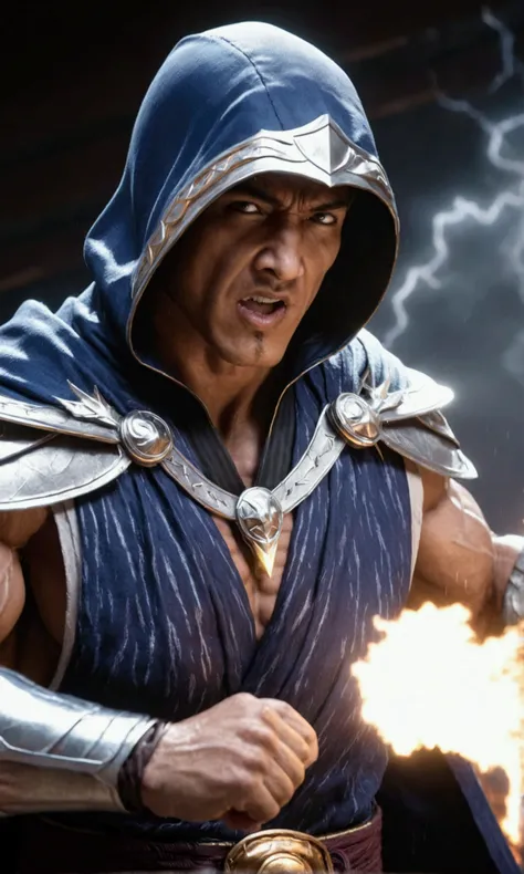 (a muscular man in a cloak with lightning crackling around him, dramatic low angle view, detailed face with piercing eyes, Mortal Kombat Lord Raiden, arena with dramatic lighting, photorealistic, concept art, ultra-detailed, 4k), viewed from a low angle, s...