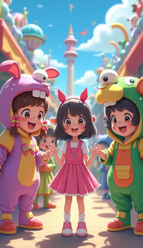 amusement park、Girls playing with mascot characters wearing costumes