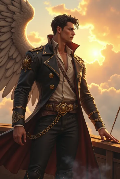 On the deck of a grand airship soaring through the clouds, a tall, muscular young celestial navigator stands at the helm, commanding the vessel with confidence. His short, dark hair is swept back, showcasing his strikingly handsome face—high cheekbones, a ...