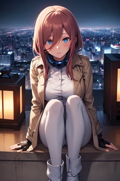 Masterpiece, best quality, ultra detailed, illustration, lighting epic, cinematic composition, 1 girl, Miku Nakano, medium hair, brown hair, medium breasts, blue eyes, bright eyes, blushing, closed mouth, full body, tall, long beige trench coat, open trenc...