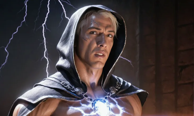 (a muscular man in a cloak with lightning crackling around him, dramatic low angle view, detailed face with piercing eyes, Mortal Kombat Lord Raiden, arena with dramatic lighting, photorealistic, concept art, ultra-detailed, 4k), viewed from a low angle, s...