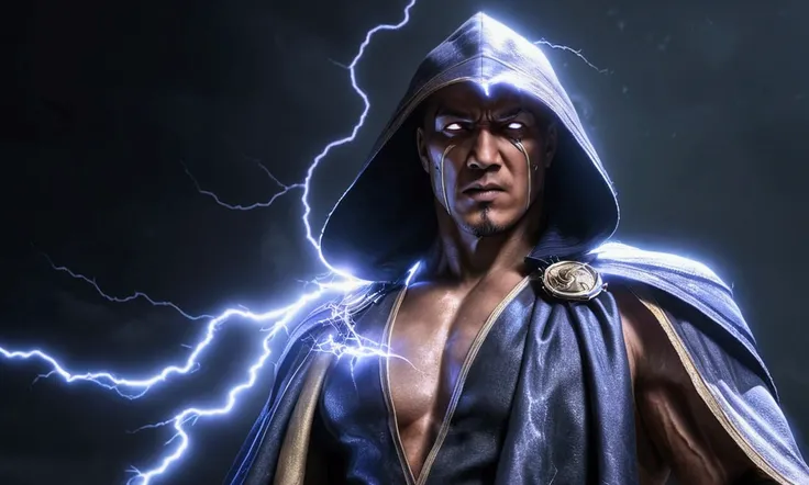 (a muscular man in a cloak with lightning crackling around him, dramatic low angle view, detailed face with piercing eyes, Mortal Kombat Lord Raiden, arena with dramatic lighting, photorealistic, concept art, ultra-detailed, 4k), viewed from a low angle, s...