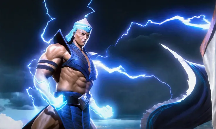 (a muscular man in a cloak with lightning crackling around him, dramatic low angle view, detailed face with piercing eyes, Mortal Kombat Lord Raiden, arena with dramatic lighting, photorealistic, concept art, ultra-detailed, 4k), viewed from a low angle, s...