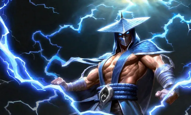 (a muscular man in a cloak with lightning crackling around him, dramatic low angle view, detailed face with piercing eyes, Mortal Kombat Lord Raiden, arena with dramatic lighting, photorealistic, concept art, ultra-detailed, 4k), viewed from a low angle, s...