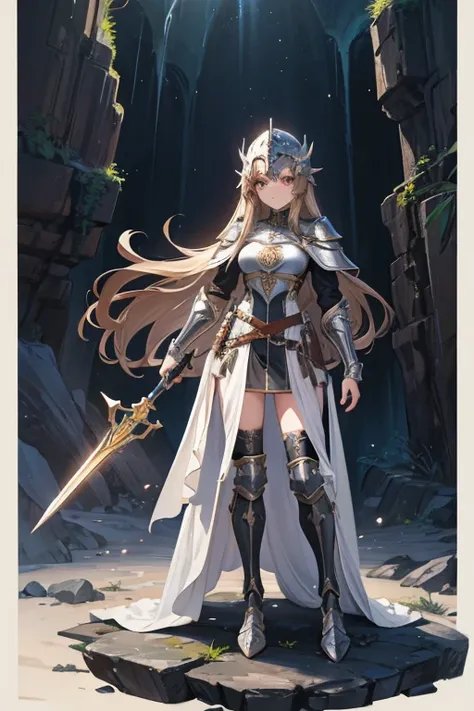 woman, Young, beautiful,  long light brown hair with fringe , silver eyes, wearing medieval armor complete with helmet, bright sword,  serious expression,  deep inside a rock ravine . drawing style. Full body shot. masterpiece, anatomicamente correto, tall...