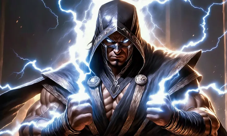 (a muscular man in a cloak with lightning crackling around him, dramatic low angle view, detailed face with piercing eyes, Mortal Kombat Lord Raiden, arena with dramatic lighting, photorealistic, concept art, ultra-detailed, 4k), viewed from a low angle, s...