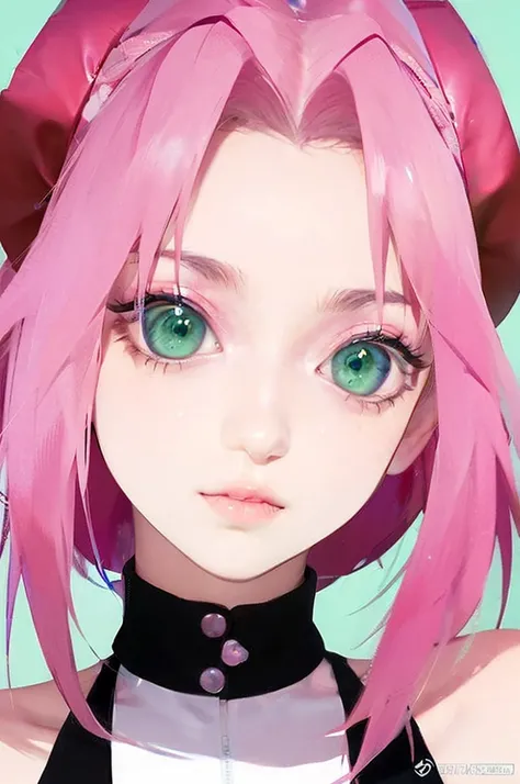 young woman, short shoulder-length pink hair, wide forehead, porcelain skin, pink eyebrows, big emerald green eyes, buttoned nose, full lips, heart-shaped face, slender body, small breasts, red tank top, Sakura Haruno , realistic, realism, details, 3d, wel...