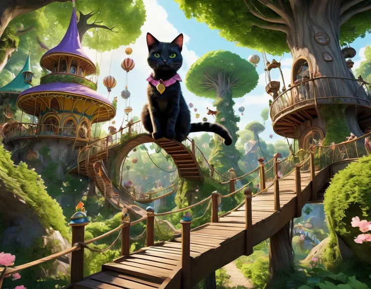 a magical forest amusement park with towering trees, winding paths, and hidden cat-themed attractions. cat girls in woodland att...