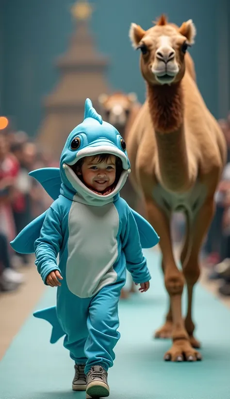 A smiling child dressed as a dolphin fish walks down the catwalk with a real camel, posing for photos with a blurred audience in the background.