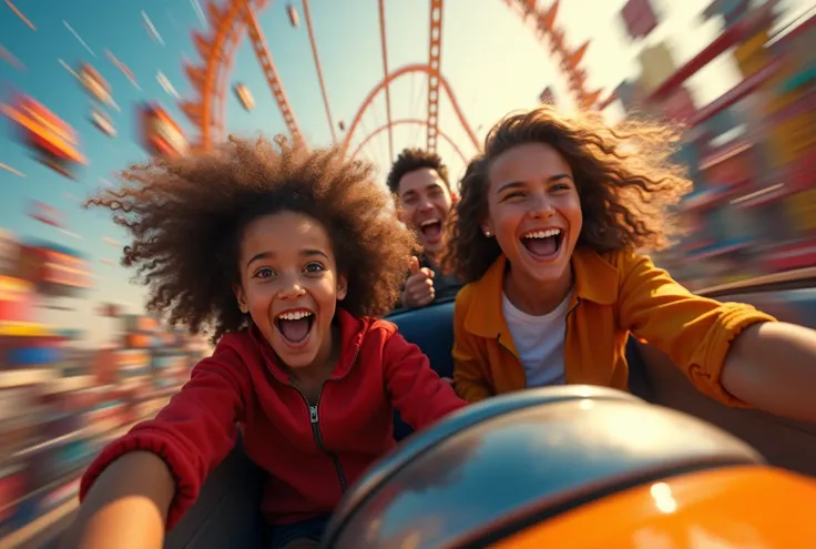 a close-up detailed shot of people riding a thrilling roller coaster in an amusement park, people with excited expressions on their faces, motion blur, colorful lights, detailed textures, dynamic camera angle, cinematic composition, realistic lighting, vib...