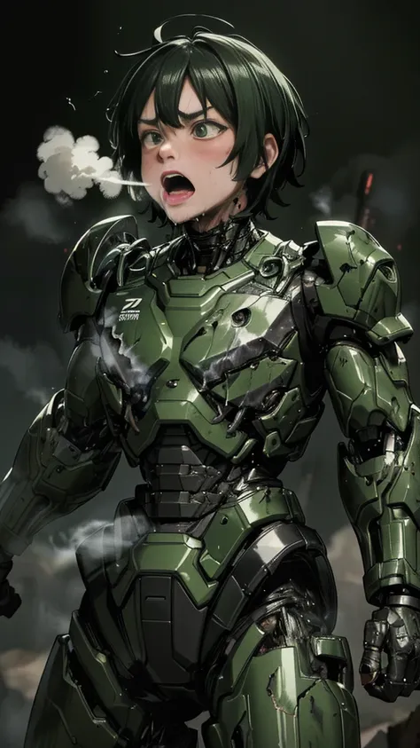 , Very detailed, Advanced Details, High image quality, 最High image quality, High resolution, 1080P 、smoke from wounds 　Green Armor、 wear green and black、cute((全身のSerious damage))( injured woman in robot suit...)()(Broken Armor)(( cracks all over ))(Black s...