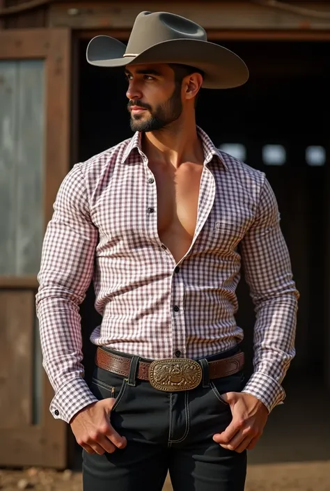 Realistic ( handsome and muscular Lebanese hunk for men, hunky, cowboy, white and red checkered shirt), super fashion black jeans , strong and muscular legs, large lump, wrangler studded pants, fashion thick gold belt, great detail 8k masterpiece , close u...