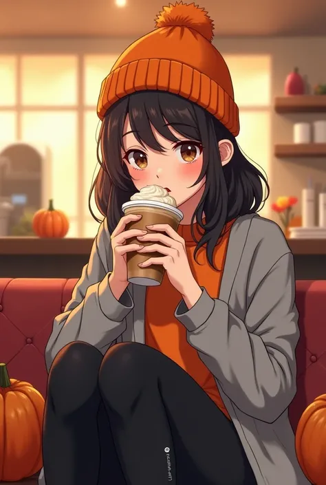 Anime inspired style. A woman drinking her Pumpkin Spice latte. Shes Wearing: Orange beanie, gray fuzzy cardigan, orange shirt, and Lululemon branded black leggings.