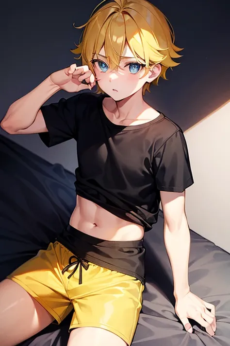 a boy in yellow underwear and black t-shirt, beautiful eyes, soft skin