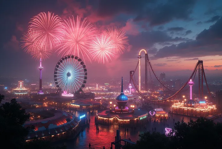 a detailed night view from above an amusement park, fireworks exploding in the sky, colorful lights, ferris wheel, roller coaster, neon signs, vibrant atmosphere, (best quality,4k,8k,highres,masterpiece:1.2),ultra-detailed,(realistic,photorealistic,photo-r...