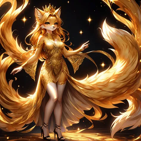 Furry, female, golden nine-tailed fox,fur body,fur, golden hair, golden eye, golden wings,big nine tailed fox tail,many tails,Just the right height, nine-tailed fox girl white body,Golden  Princess,golden crown, golden jewelry, golden Princess dress,golden...