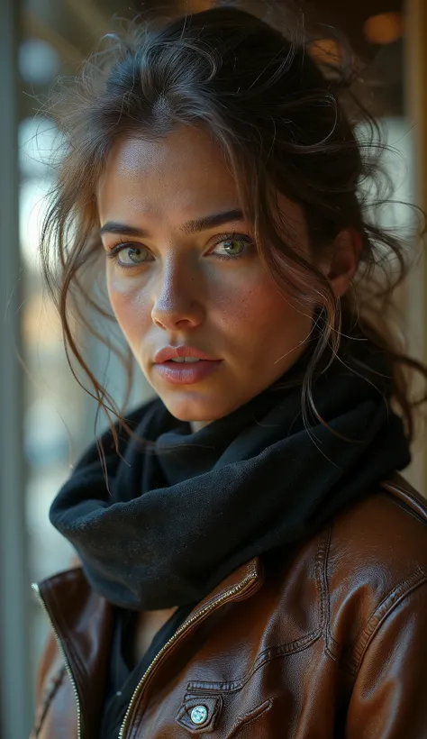 beautiful woman, messy hair, sexy eyes, (scarf covering her lips and nose all the way to the neck:1.3), leather jacket, ultra realistic, extremely realistic, photorealistic, photo-realistic:1.37, (best quality,4k,8k,highres,masterpiece:1.2),ultra-detailed,...