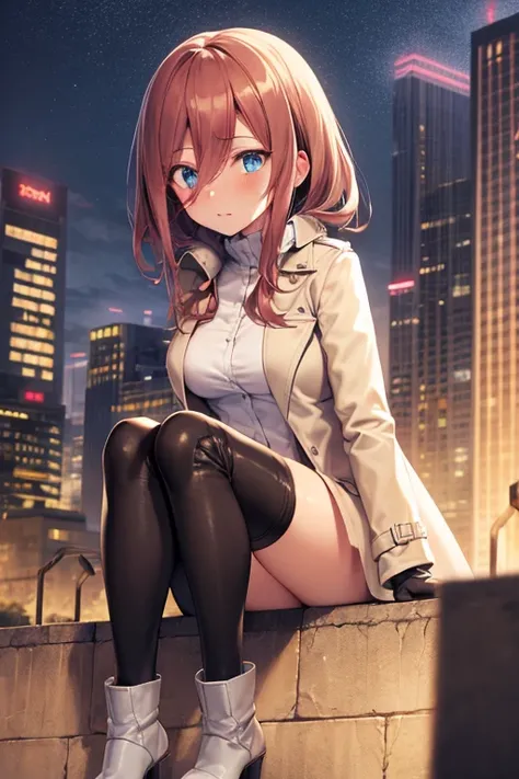 Masterpiece, best quality, ultra detailed, illustration, lighting epic, cinematic composition, 1 girl, Miku Nakano, medium hair, brown hair, medium breasts, blue eyes, bright eyes, blushing, closed mouth, full body, tall, long beige trench coat, open trenc...