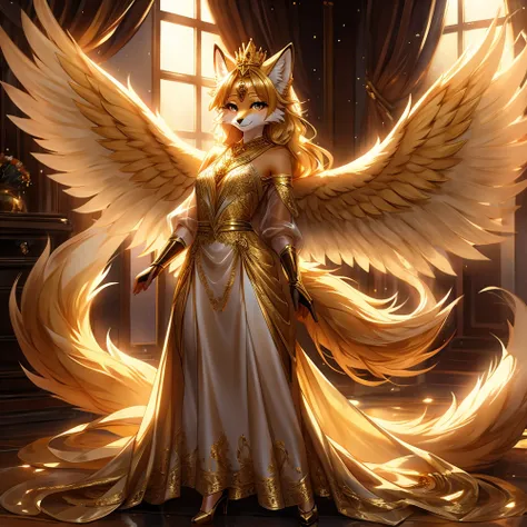 Furry, female, golden nine-tailed fox,fur body,fur, golden hair, golden eye, golden wings,big nine tailed fox tail,many tails,Just the right height, nine-tailed fox girl white body,Golden  Princess,golden crown, golden jewelry, golden Princess dress,golden...