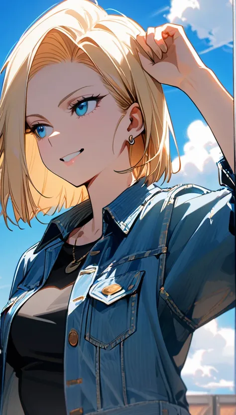 1 Girl, Solitary, Android 18, blond, Blue Eyes, Short hair, Jewelry, earrings, Smile, jacket, Look to the side, Denim, Denim jacket, Upper body, underwear, Shut up, cloud, sky空, sky, looking away, blue sky空, collarb,