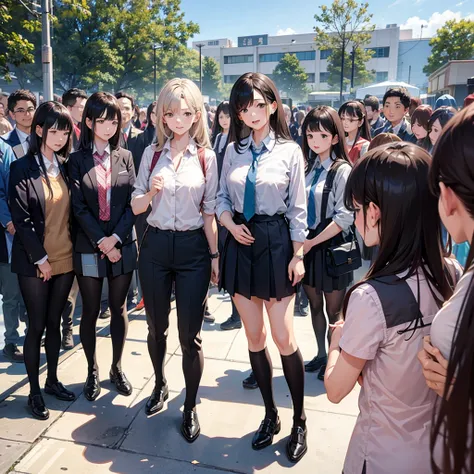 A female teacher urinates while taking a group photo with many students、The female teacher&#39;I couldn&#39;t hold it in and peed myself、The female teacher is surrounded by many students.、Urinary incontinence、From below、White suit、White mini skirt、High hee...