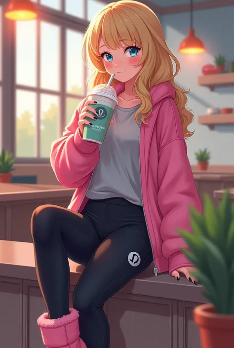 Anime-inspired style. A college sorority girl in her early 20s. Wavy blonde hair and blue eyes. Shes drinking her Frappe. Shes Wearing a pink fuzzy jacket, gray baggy shirt, Lululemon branded black leggings and pink Ugg boots.
