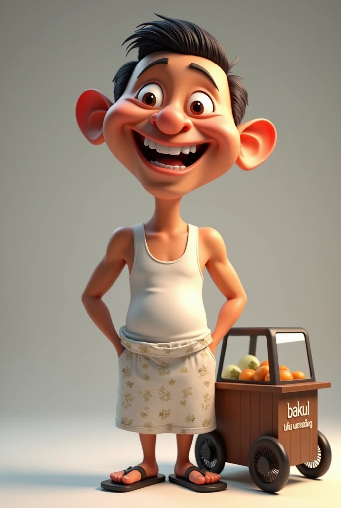 sharp photo, 3D caricature, 40 year old Indonesian man, clean face, big head with short black hair, big nose, thick lips, big ears, smiling wide and funny, big teeth, wearing a white singlet and white batik patterned sarong, flip flops, standing next to a ...