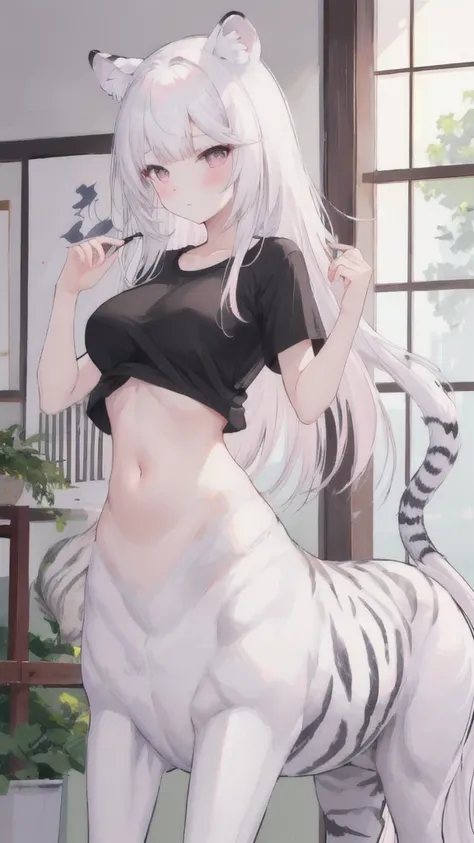 (best quality, masterpiece), 1 girl, centaur, I beg, White skin, Japanese schoolgirl,daughter,black pink, exposing the abdomen, belly button t-shirt , beautiful girl perfect, White tiger photo, 완벽한 White tiger photo