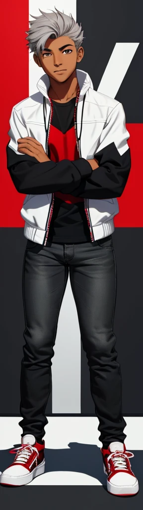 an 18 year old teenager, athletic body, light gray hair, tanned skin, black shirt, white jacket with red details and black details, black jeans, red sneakers