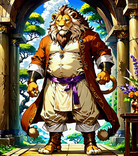 alchemist, a plump middle-aged lion man, full body in michelangelo buonarroti style, digital illustration anime, character focus...