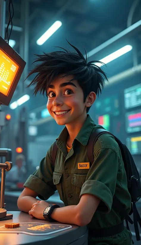 Absurd resolution, high resolution, (masterpiece: 1.4), hyper-detail, young man's messy short black hair, welder dressed up, grinning look, factory high-tech workbench, technology sense screen