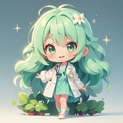 Create a cute chibi-style anime character of a young female doctor with an endearing expression. The character should have large, sparkling green eyes and wavy, shoulder-length mint green hair with bangs. Give her rosy cheeks and a small, contented smile. ...