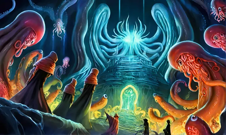 eldritch beings gather to worship their alien otherworldly Eldritch god (many eyes, many tentacles, many mouths) in a coral like temple of mind bending proportions, wide view
