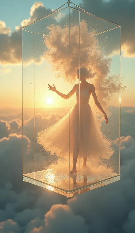 A floating, intricately designed glass palace suspended in the sky, with transparent walls and floors reflecting the golden hues of a distant sunset. Inside, humanoid figures made of swirling smoke dance elegantly, their movements fluid and ethereal. The a...