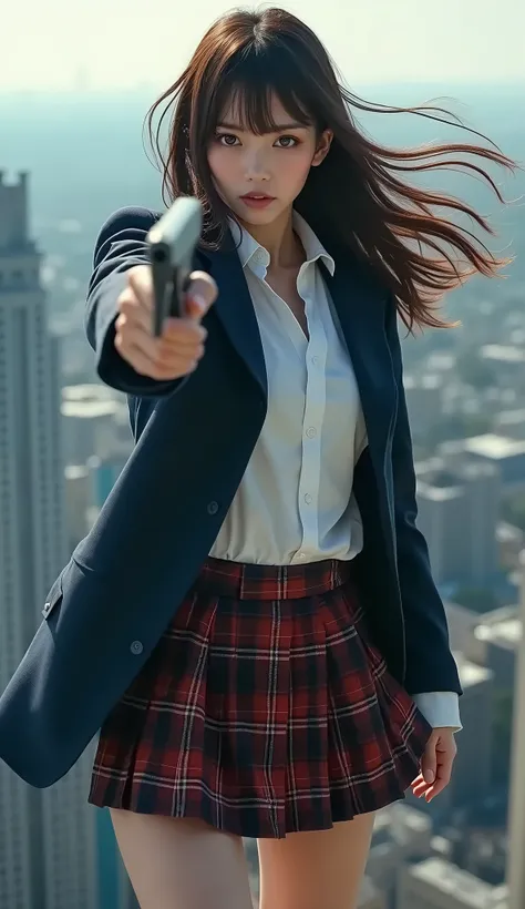 One Japanese girl、Super beautiful、Facial beauty、Standing、 high school uniform 、Navy blue jacket、White shirt、tie、Plaid Miniskirt 、Brown hair、Heavy make-up、Skyscraper rooftop、The wind is blowing、 She's Looking Seriously at the Gun、 Thigh Shot 、pointing pistol