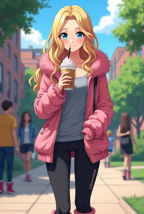 Anime-inspired style. A college sorority girl in her early 20s. Wavy blonde hair and blue eyes. Shes drinking her Frappe. Shes Wearing a pink fuzzy jacket, gray baggy tank top, Lululemon branded black leggings and pink Ugg boots. Outside on the college cam...