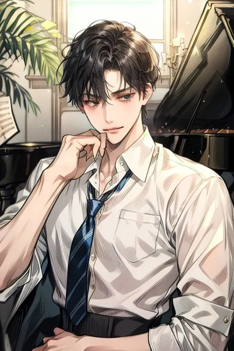 (best quality、Masterpiece、 high resolution、detailed)、( beautiful animation)、male 1,alone, person, Long and thin eyes,bright skin, Handsome,Average build, laugh, charming,black hair,short hair,black eyes, school uniform, Striped ties, semi_realistic, piano,...