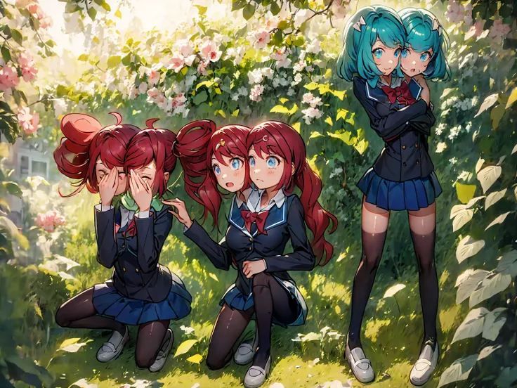 (masterpiece, best quality), best resolution, 16k, 3girls, (2heads:1.5), various poses, exposed anime style, dynamic anime poses, multiple poses, purple school uniform, BREAK left girl has red hair, middle girl has lightblue hair, right girl has yellow hai...