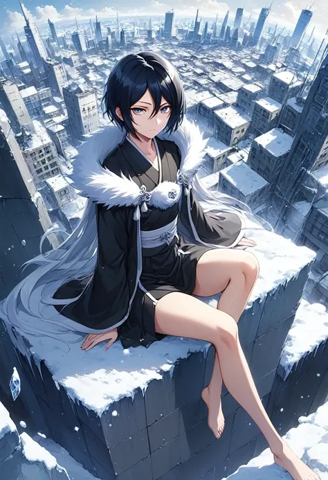 1girl,((kuchiki rukia , bleach)) ,ice particles,sitting, (crossed legs:1.1),black haori, snow flakes, dutch angle,looking at viewer, destroyed city,barefoot, ((masterpiece:1.3),(highest quality:1.4),(Super detailed:1.5),High resolution,Very detailed, snowy...