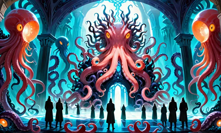 eldritch beings gather to worship their alien otherworldly Eldritch god (many eyes, many tentacles, many mouths) in a coral like temple of mind bending proportions, wide view
