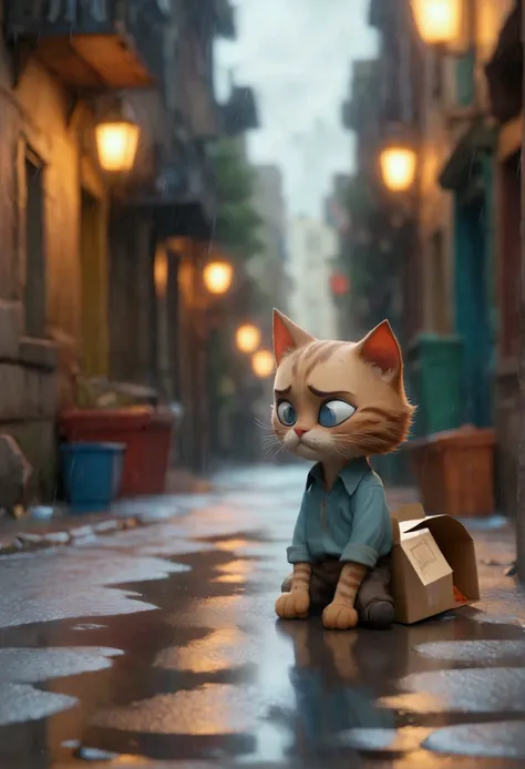  A deserted street in the city ,  it starts raining lightly . Image:  An old car stopped on the side of the road . Car doors open ,  a man wearing a mask placed a box down the sidewalk. Detail:  In the box was a kitten about 2 months old ,  wearing a blue ...